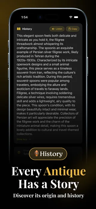 The history of an item in Antiqly, with Listen and Copy buttons